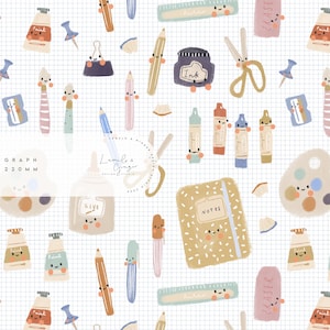 May include: A seamless pattern featuring various school supplies with cute faces, including paint tubes, pencils, scissors, a glue bottle, a ruler, a notepad, an eraser, and a paint palette. The background is a light blue grid.