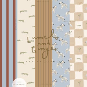 Könnte beinhalten: Eine Sammlung von gemusterten Papieren mit verschiedenen Designs. Die Muster umfassen vertikale Streifen, Krokodile, vertikale Holzmaserung, Zebras und ein kariertes Muster mit Palmen. Der Text "Lume & Ginger Design Studio" ist sichtbar.
