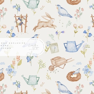 May include: A seamless pattern featuring a watercolor illustration of a garden scene with bluebirds, a rabbit, a wheelbarrow, watering cans, flowers, and a nest with eggs. The background is a light beige color.