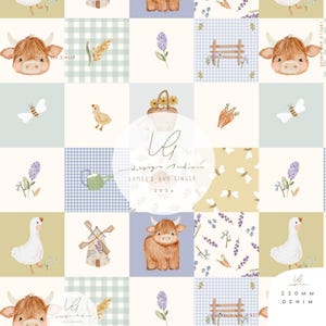 Susie, highland cow, goose, farm, meadow, 2 FREE combi patterns,  patchwork, Seamless Fabric Design,  Repeat Tile, Pattern