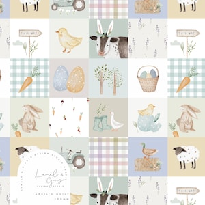 Peut inclure: Un motif de courtepointe en patchwork avec une variété d'animaux de ferme, dont une vache, un poussin, un lapin, une oie et un mouton. La courtepointe comprend également un tracteur, un panier d'œufs, des carottes et un panneau indiquant "This Way".