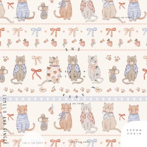 May include: A repeating pattern featuring watercolor illustrations of cats, mice, bows, and floral elements. The cats are depicted in various outfits, and the design includes the text "DESIGN STUDIO 2025" and "220 MM CHAIN".