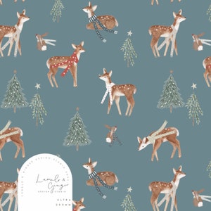 May include: A seamless pattern featuring a repeating design of cute deer wearing scarves and hats, with small trees and stars on a blue background. The pattern is perfect for fabric, wallpaper, or wrapping paper.