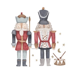 May include: Two watercolor nutcracker soldiers with red and blue uniforms, holding a drum and a stick. The background features gold stars and a crescent moon.