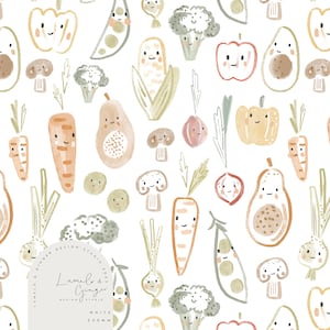 May include: A seamless pattern featuring various vegetables and fruits with happy faces. The pattern includes carrots, corn, avocados, mushrooms, onions, peppers, broccoli, peas, and more. The colours are muted and watercolour-like, with shades of green, brown, orange, and yellow.