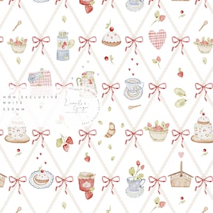 May include: A repeating pattern featuring watercolor illustrations of teacups, cakes, strawberries, bows, and picnic baskets. The design includes the text "NON EXCLUSIVE WHITE 220 MM" and a logo.
