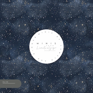 Puede incluir: Fondo de acuarela azul oscuro con estrellas y motas doradas. La imagen incluye un logotipo circular blanco con el texto "MINIS from Lumel & Ginger DESIGN STUDIO". La palabra "GAZE" está en un rectángulo gris.