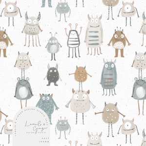 Puede incluir: Un patrón repetitivo de monstruos de dibujos animados en tonos grises, marrones y azules sobre un fondo blanco texturizado. Los monstruos tienen diversas formas y características, incluyendo cuernos y antenas. El diseño incluye el texto "Lumelo & Ginger Design Studio".