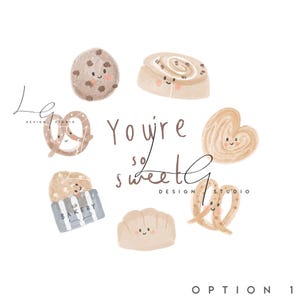 Puede incluir: Una ilustración de acuarela de varios productos horneados con caras lindas. El texto "You're so sweet" está escrito en una fuente caprichosa. La ilustración es perfecta para un diseño de temática de panadería o postres.