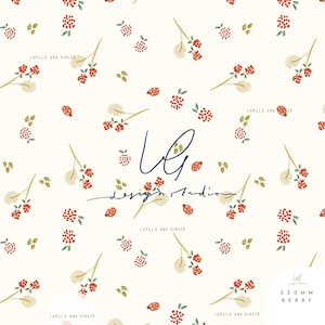 May include: A cream-coloured pattern featuring watercolour illustrations of red berries, green leaves, and delicate white flowers with yellow stems. The design includes the text "LUMELO AND GINGER" and "VG design studio".