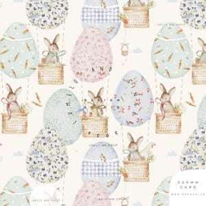 May include: An Easter-themed pattern featuring pastel-colored hot air balloons shaped like eggs. Each egg has a different floral or gingham design and a small basket with a bunny. The text "LUMELO AND GINGER" is visible.