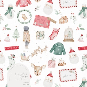 Navidad, padre, santa, carta, medias, renos, moda infantil, ropa, diseño de tela sin costuras, mosaico repetido, patrón no exclusivo