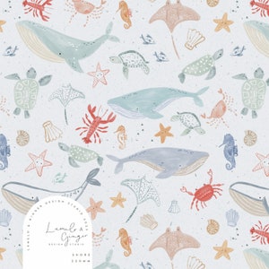 Etched Deep Blue sea, whale, crab unisex, Seamless Fabric Design,  Repeat Tile, Pattern Lunoe