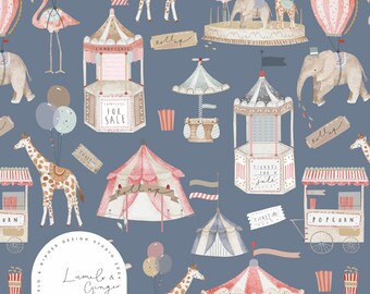 May include: A whimsical blue and pink patterned fabric featuring a circus theme with giraffes, elephants, hot air balloons, popcorn stands, and carnival rides. The text "Roll up" and "Tickets for Sale" are included in the design.