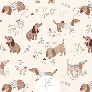 May include: A repeating pattern on a light cream background featuring brown dachshunds in various poses, some wearing striped shirts or bows, interspersed with small colourful flowers, ladybugs, and dragonflies. Text reads Lumelo and Ginger 2026.