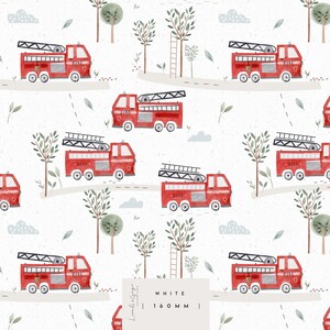 May include: A seamless pattern featuring red fire trucks with ladders, green trees, and white clouds on a white background. The pattern is perfect for fabric, wallpaper, or wrapping paper.