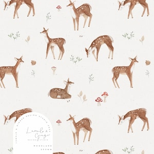 May include: A seamless pattern featuring watercolour illustrations of brown spotted deer on a white background with green foliage and red mushrooms. The pattern includes the text "Lumelo & Ginger Design Studio 2023 Woodland 200mm".