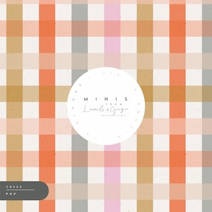 Puede incluir: Un patrón de cuadros vichy blanco y marrón con un círculo en el centro que dice "minis from Lumio & Ginger design studio". El texto "check pop" está en la esquina inferior izquierda.