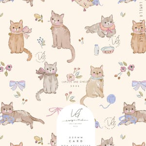 May include: A repeating pattern on a cream background featuring illustrated cats in various poses, wearing bows and collars. The design includes small flowers, yarn balls, milk bottles, and the text Lumelo and Ginger 2026. A white card overlay displays the text 220 MM CARD.