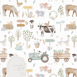 May include: A watercolour illustration featuring a farm scene with animals, a tractor, and a wagon. The illustration includes a horse, cow, sheep, pigs, ducks, geese, chickens, and a bunny. There are also carrots, eggs, and baskets of eggs. The text "This Way" appears on several signs throughout the illustration.