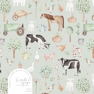 May include: A watercolour pattern featuring farm animals, including cows, pigs, chickens, ducks, and sheep, along with farm tools, trees, and a tractor. The pattern is on a light blue background.