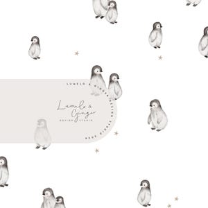 May include: A white background with a repeating pattern of watercolor penguins in shades of gray and white. Small gray stars are scattered throughout the design. The text "Lumelo & Ginger Design Studio 2024" is also present.