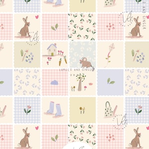 Könnte beinhalten: Ein Stoff mit wiederholtem Muster aus einem Raster von Quadraten in Pastellrosa, Gelb, Blau und Weiß. Die Illustrationen zeigen braune Hasen, eine Maus, ein Haus, Karotten, Gummistiefel, Gießkannen, Drachen, Blumen und Blätter. Text: Lumelo and Ginger.
