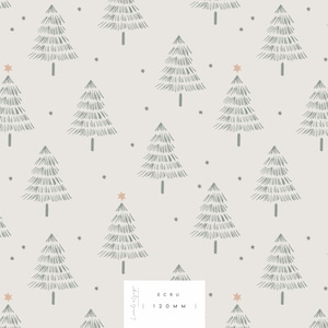 May include: A seamless pattern featuring a repeating design of stylised green Christmas trees with a light brown background. Small white stars are scattered throughout the pattern. The text "ECRU | 120MM |" is in the bottom right corner of the image.