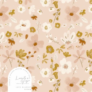 May include: A seamless pattern featuring a variety of flowers in shades of pink, white, and yellow on a light peach background. The flowers are stylized and have a hand-painted look. The pattern is perfect for fabric, wallpaper, or other decorative projects.