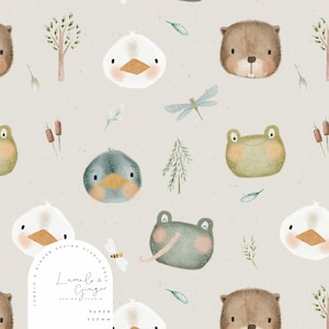May include: A seamless pattern featuring watercolor illustrations of animals and nature elements. The pattern includes a duck, a beaver, a frog, a dragonfly, a pine tree, and reeds. The background is a light beige color.