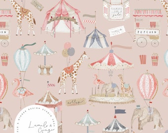 May include: A pink and white patterned fabric with a whimsical circus theme. The pattern features a carousel, a hot air balloon, a giraffe, an elephant, a popcorn cart, and a tent. The text "Roll up" is written on a sign.