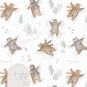 May include: A seamless pattern featuring brown bears making snow angels on a white background with brown, grey, and green accents. The pattern includes a logo for "Lumolo & Ginger Design Studio 2023" with the text "White 210mm".
