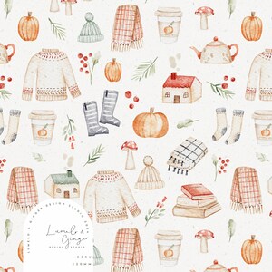 May include: A seamless pattern featuring watercolour illustrations of cosy winter and autumn elements, including a sweater, boots, a house, a teapot, a mug, a pumpkin, a scarf, a hat, and a mushroom. The pattern is set on a light beige background.