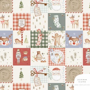 May include: A festive Christmas patchwork design with squares of illustrations. Features Santa, reindeer, gingerbread men, stockings, and the text "Santa's Magic Key." The color palette includes red, green, and cream. The text "LUMELO AND GINGER" is also visible.