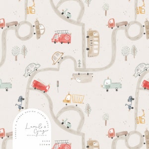 Petite Carte, cars, bus, map, route, school, town little village, Etched, outline Seamless Fabric Design, Repeat Tile, Pattern Lunoe