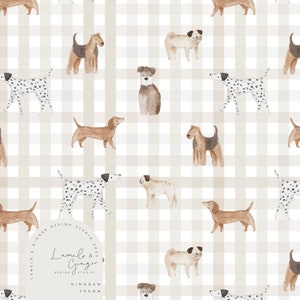 Puede incluir: Un patrón sin costuras con diferentes razas de perros sobre un fondo de cuadros vichy beige y blanco. Los perros están ilustrados en estilo acuarela e incluyen un dachshund, un pug, un dálmata y un terrier.