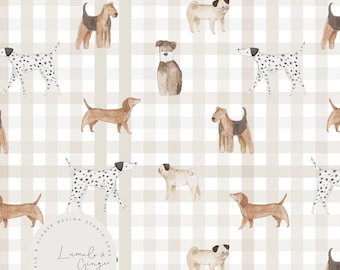 Doggies, dog breeds, pug, sausage dog, spotty dog, Dalmatian, schnauzer Seamless Fabric Design,  Repeat Tile, Pattern Lunoe