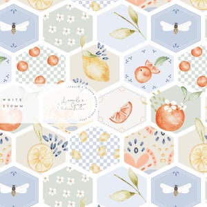 May include: A seamless pattern featuring watercolour illustrations of lemons, oranges, bees, and flowers in a hexagonal design. The pattern is on a white background with a light blue, green, and beige colour scheme. The text "Lumels & Ginger Design Studio 2022" is in a circle in the centre of the pattern.