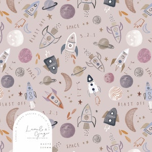 Etched Space, outer, rocket, blast off, mars, planets, zoom, outline Seamless Fabric Design, Repeat Tile, Pattern Lunoe