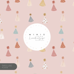 May include: A repeating pattern of party hats in various colors, including pink, blue, and gold, with star and pom-pom toppers. The hats have striped, dotted, and solid designs. The background is a soft pink. The text "MINIS FROM Lumel & Ginger" is in a white circle.