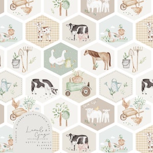 Hetty's Quilt, Farm, cow, pig, meadow, tractor, Non Exclusive, Children's fashion, Seamless Fabric Design, Repeat Tile, Pattern Lunoe