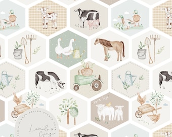 Hetty&#39;s Quilt, Farm, cow, pig, meadow, tractor, Non Exclusive, Children&#39;s fashion, Seamless Fabric Design, Repeat Tile, Pattern Lunoe