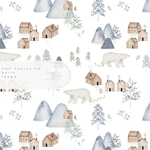May include: White background with a repeating pattern of watercolor illustrations. The design features polar bears, small houses, blue mountains, and evergreen trees. The text "NON EXCLUSIVE WHITE 180 MM" and a logo are also present.