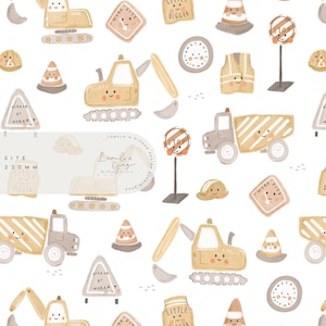 May include: A seamless pattern featuring a variety of construction vehicles and signs. The pattern includes a yellow excavator, a yellow dump truck, a stop sign, a work site sign, a cone, and a hard hat. The pattern is set on a white background with brown and black accents.