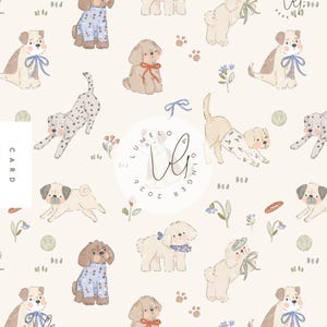 Peut inclure: Motif répété de chiens illustrés dans diverses poses et tenues sur fond crème. Certains chiens portent des nœuds, des chapeaux ou des pyjamas. Le motif comprend des empreintes de pattes, des fleurs et de petites boules vertes. Le mot "CARD" est imprimé verticalement à gauche.