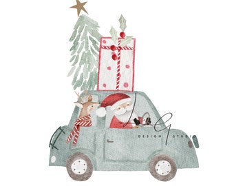 May include: A green car with a red and white striped gift box on top, a reindeer and Santa Claus inside, and a green Christmas tree sticking out the back.