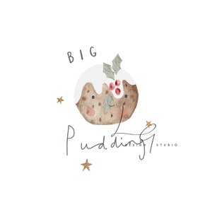 May include: A watercolor illustration of a Christmas pudding with a white icing topping and holly leaves. The pudding has a smiling face and is surrounded by gold stars. The text "BIG PUDDING DESIGN STUDIO" is written below the pudding.