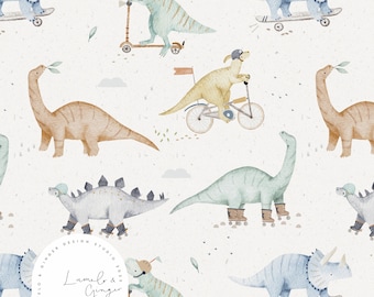 ローラー恐竜、恐竜、スケートボード、ローラーブレード、楽しい、T-Rex シームレス ファブリック デザイン、リピート タイル、パターン Lunoe 非独占