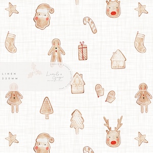 May include: A seamless pattern featuring gingerbread cookies in various shapes, including a star, a stocking, a gingerbread person, a house, a candy cane, a Christmas tree, a reindeer, and Santa Claus. The cookies are painted in a watercolor style on a white background with a subtle linen texture.