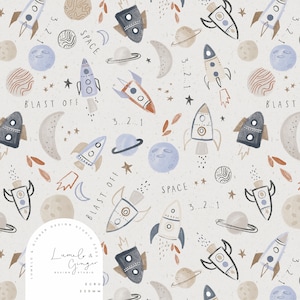 May include: A seamless pattern featuring watercolour illustrations of rockets, planets, stars, and moons in shades of blue, brown, and orange. The pattern includes the text "Blast Off" and "Space".